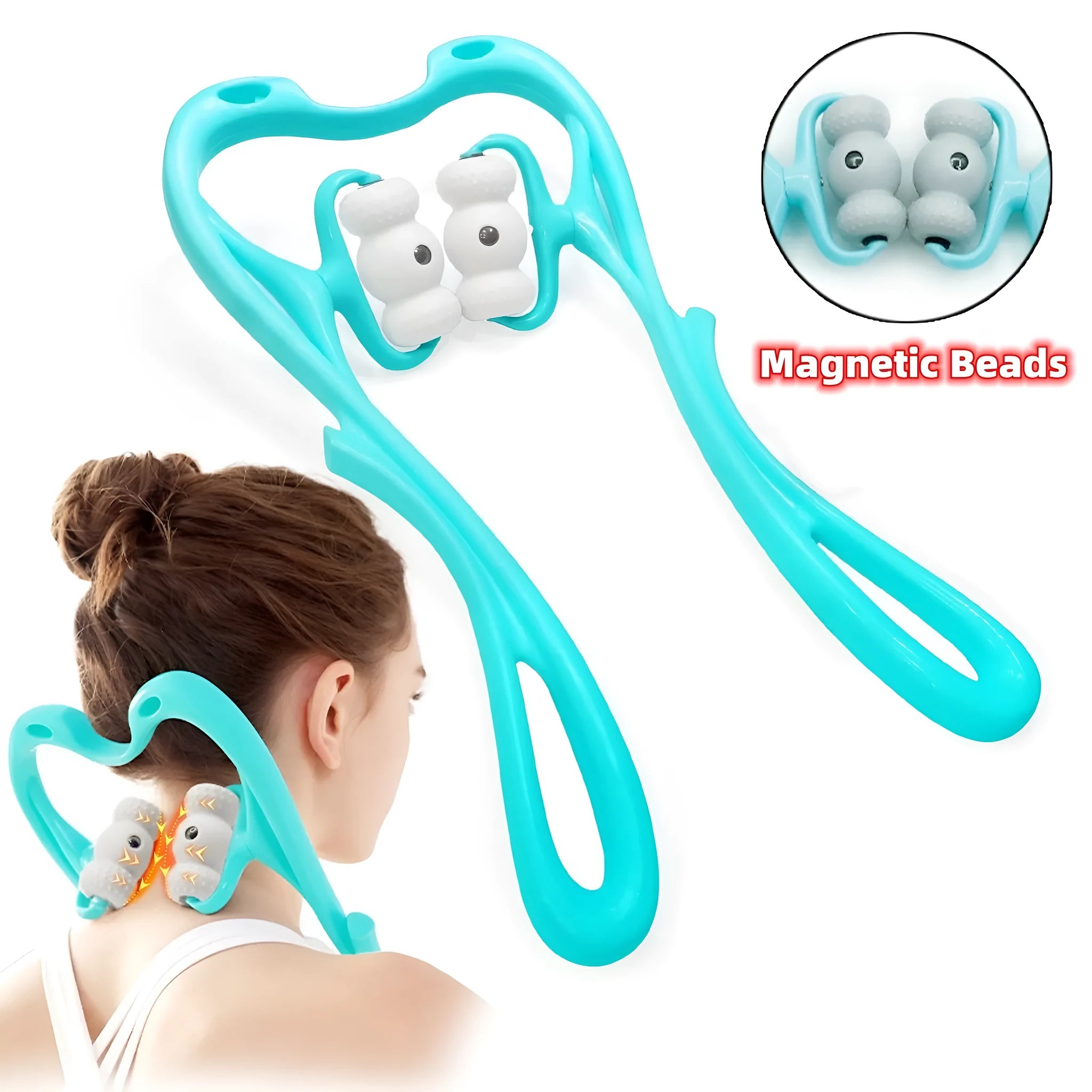 Blue handheld neck massager roller with pressure points on a grey background