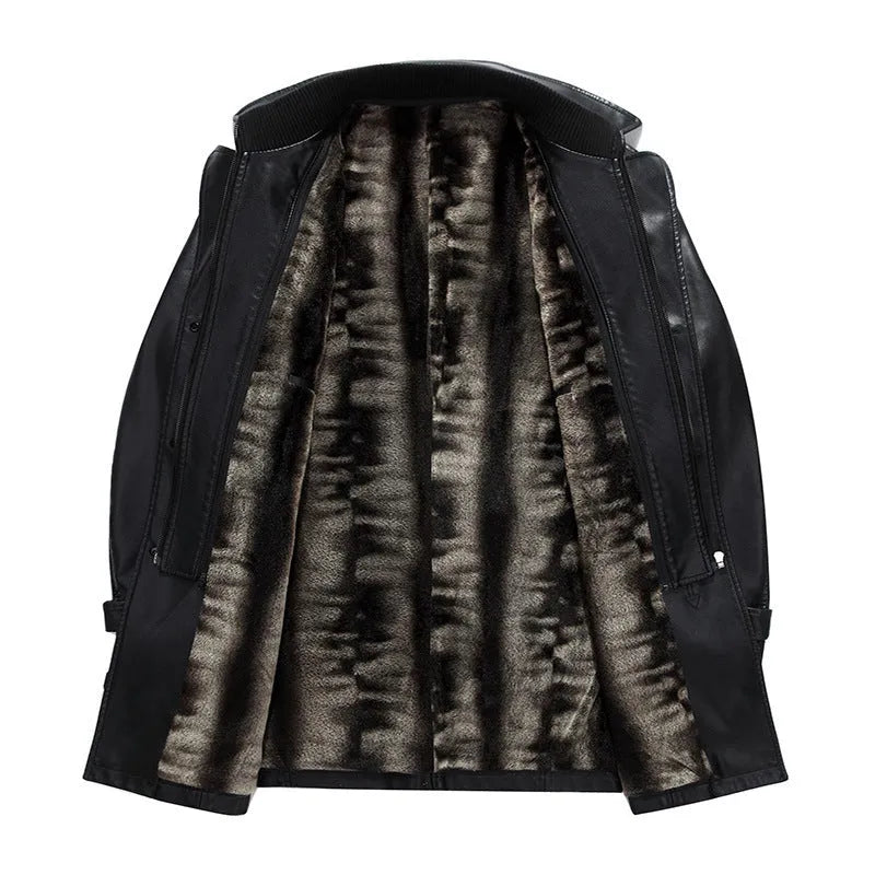 Men's mid-length sheepskin leather jacket in black, suit collar, zip front, colour block pattern