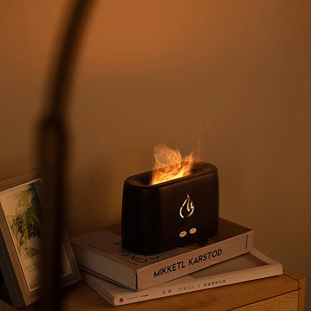 Flame humidifier aroma diffuser in white or black, 230ml tank, 171*76*102mm, USB powered with flame effect