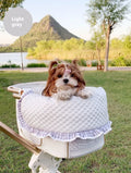 Pure cotton pet stroller three-piece set showing removable anti-dirty towel, cushion, and pillow in a floral pattern.