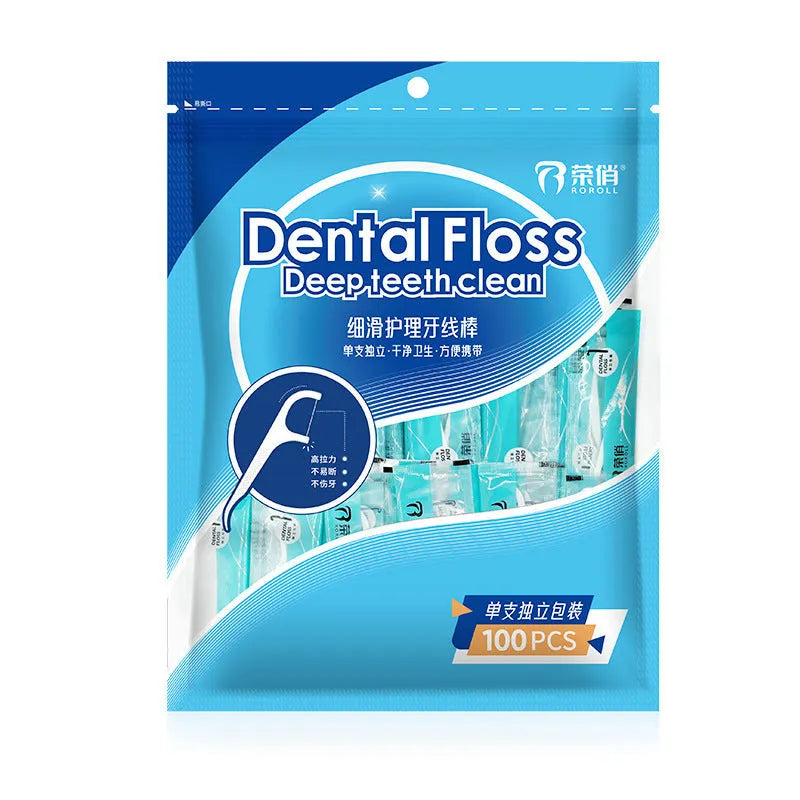 Plastic bag containing 100 independently packaged disposable dental floss strands