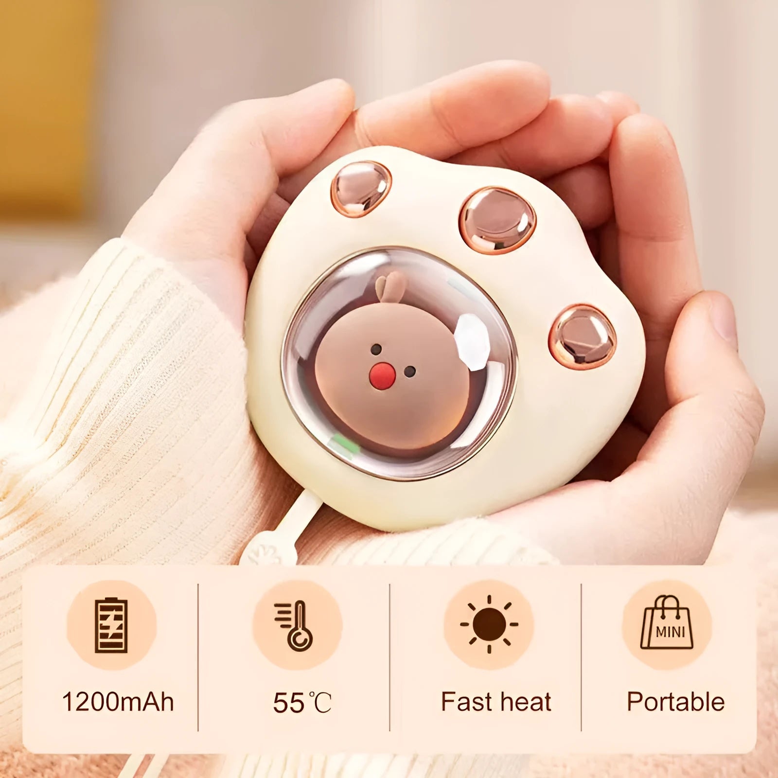 Mini USB rechargeable cat paw electric hand warmer in pink with two temperature settings