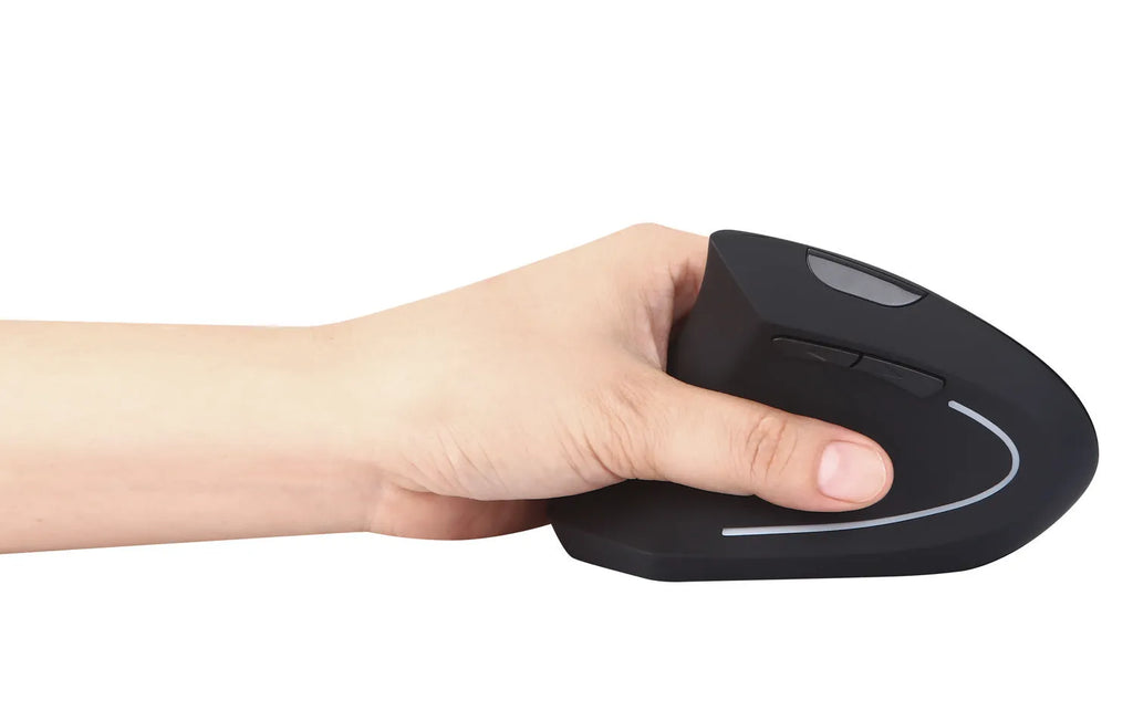Wireless vertical left hand mouse in black with ergonomic design and thumb buttons