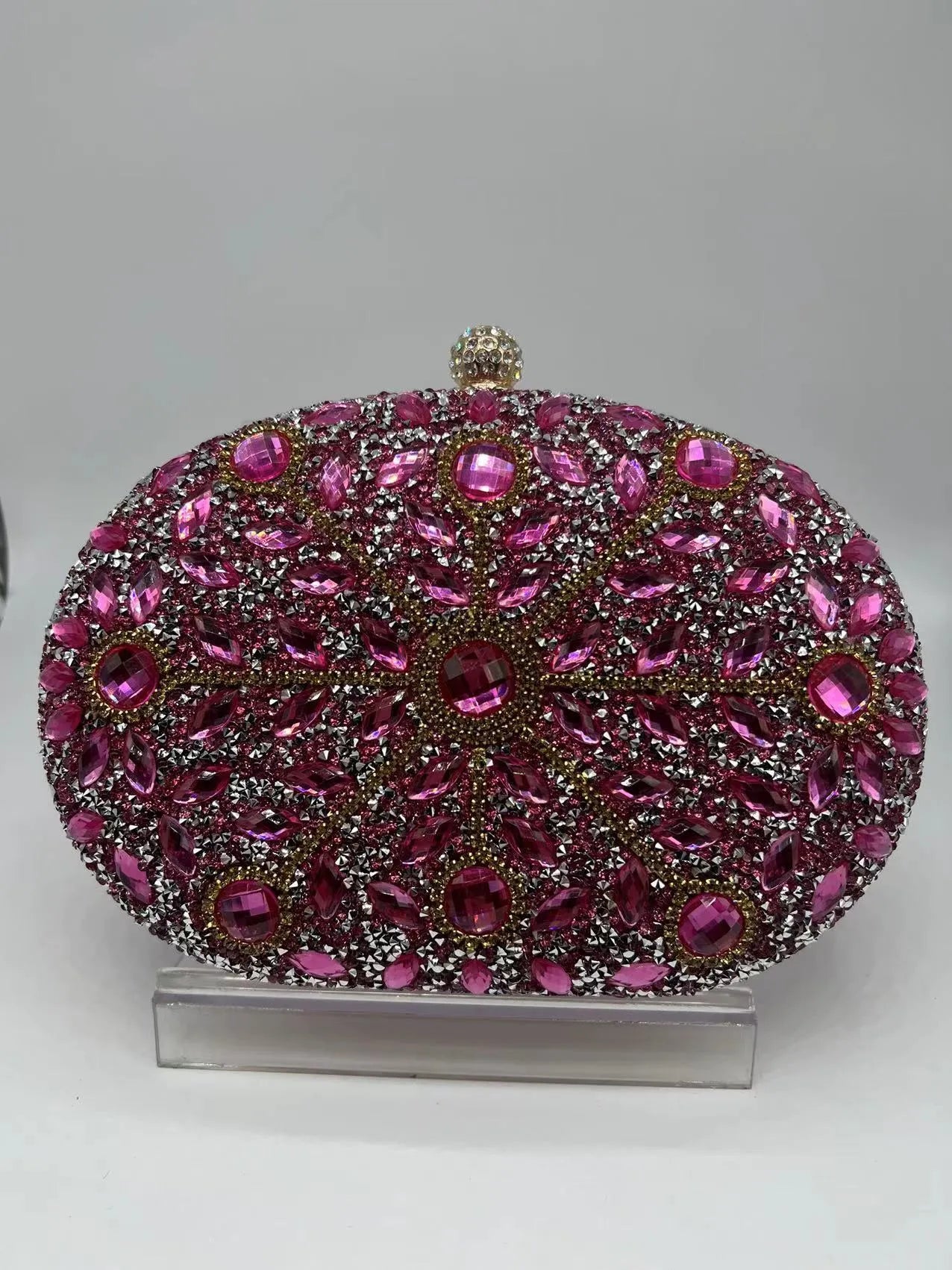 Gold hardware and rhinestone banquet handbag with structured retro design measuring 20cm wide