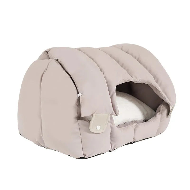Grey and green dual-purpose arched pet nest showing both enclosed and sofa-style configurations for cats and dogs