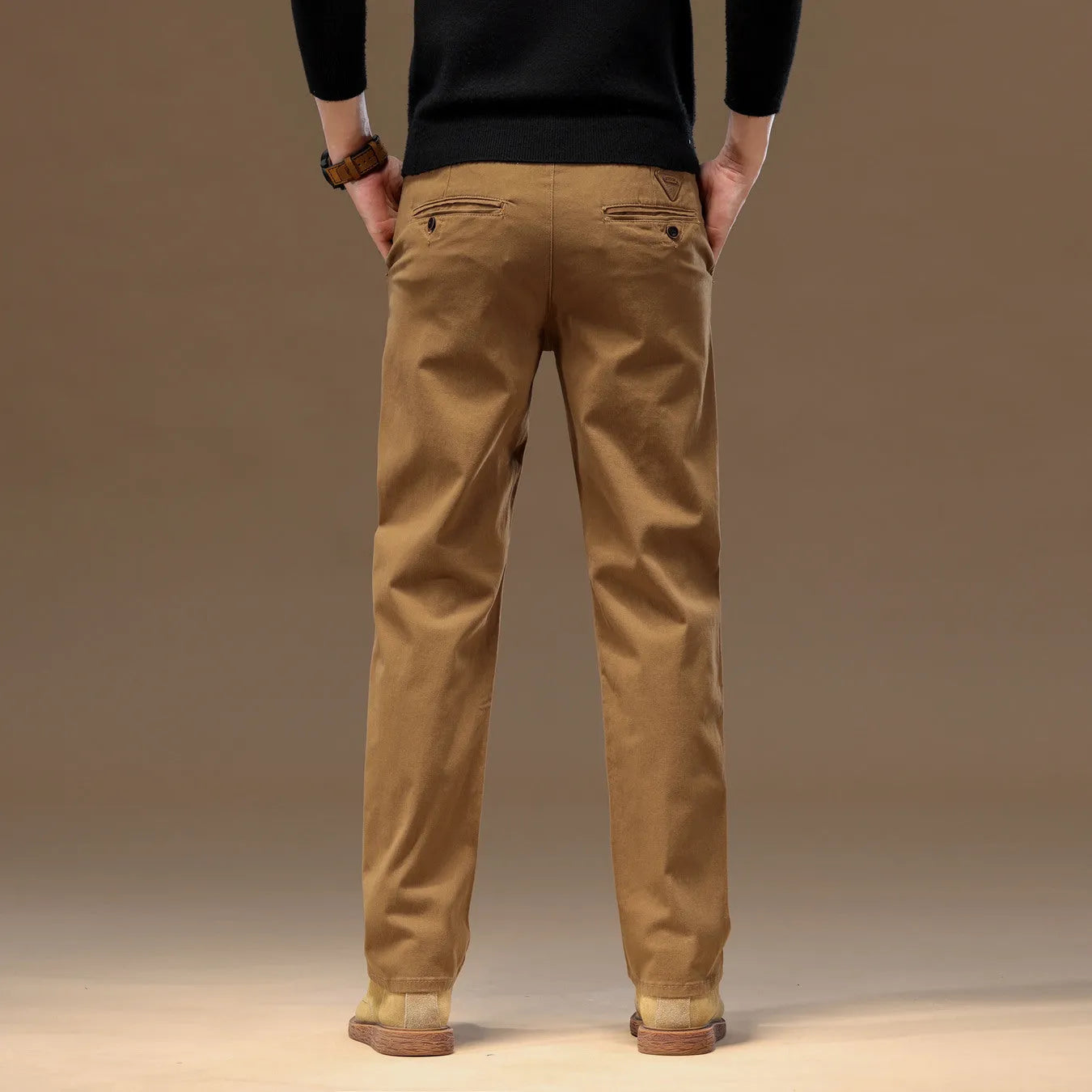 Men's cotton denim straight leg pencil trousers in black, mid waist zip fly, relaxed fit flat lay