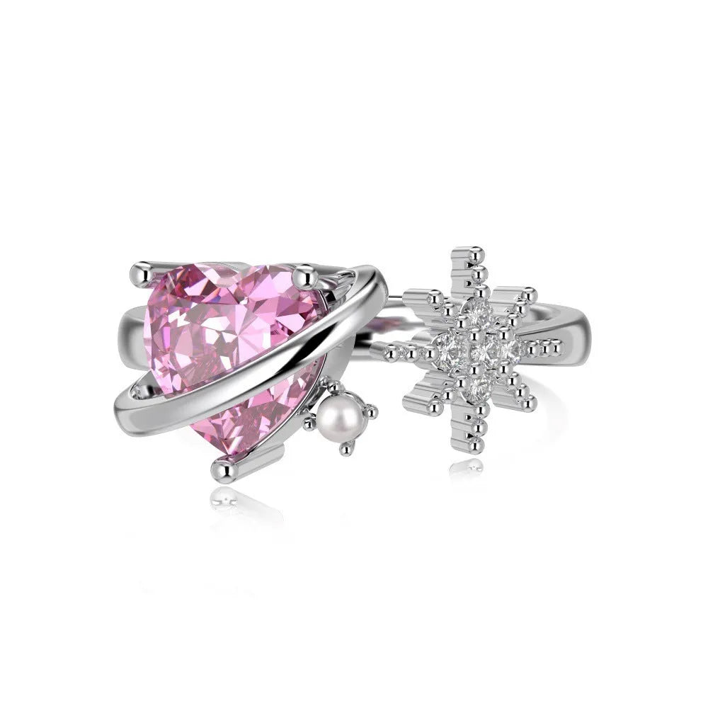 S925 sterling silver adjustable ring for women with epoxy strawberry heart and wing geometric design