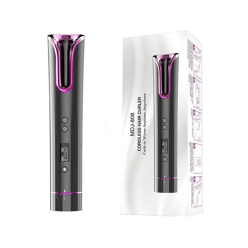Black automatic USB cordless ceramic curling iron with 16mm to 20mm barrel on a table