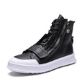 Men's black and white high-top sneaker-style ankle boots made from microfibre PU leather.