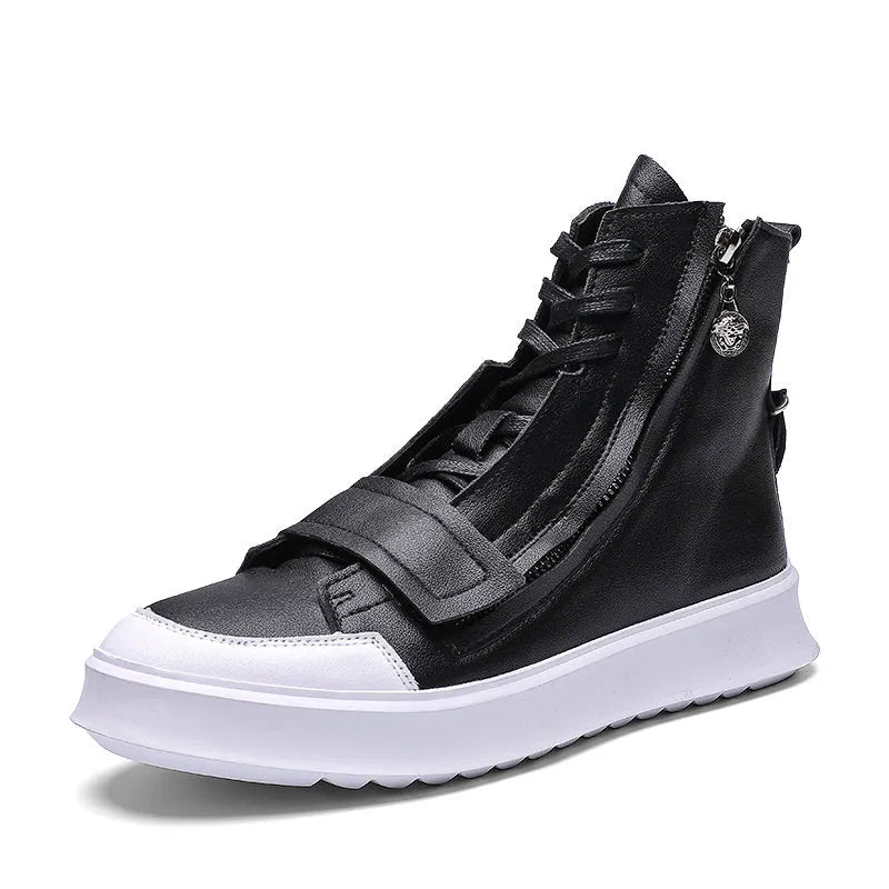 Men's black and white high-top sneaker-style ankle boots made from microfibre PU leather.
