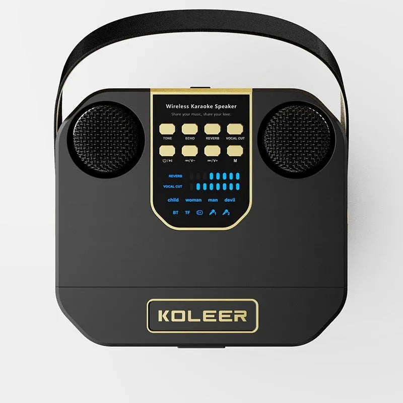 Dual stereo portable karaoke speaker box with two microphones, white or black, 143x168x171mm