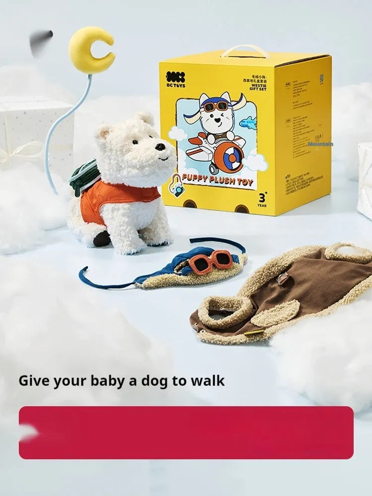 West Highland plush puppy dog soft toy in a gift set with two clothing items and PP cotton filling