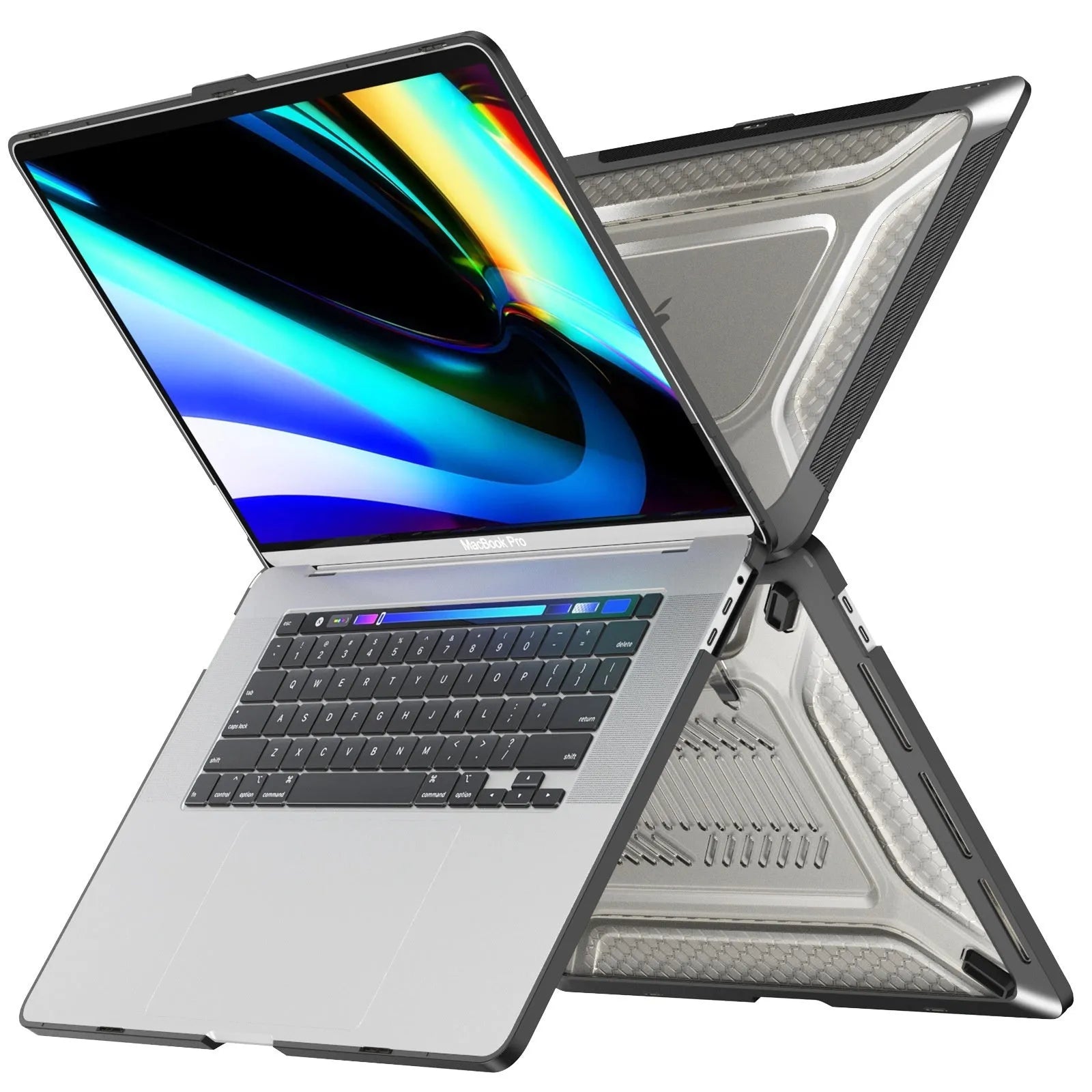 MacBook protective shell case shown in cool black, starry sky grey, elegant apricot, and sapphire blue colours.