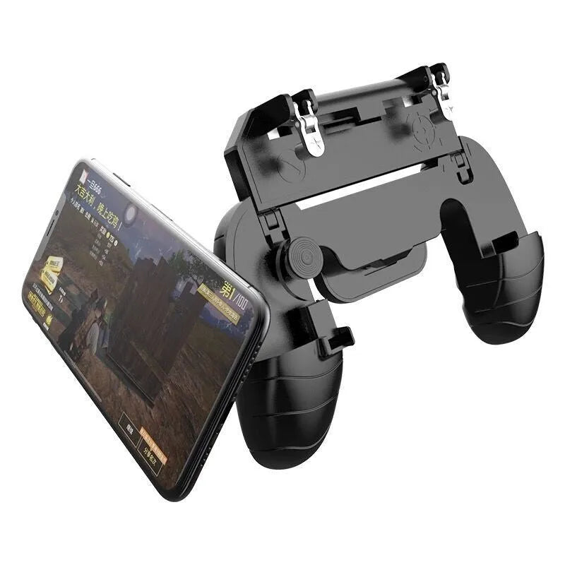 Mobile game controller handle with telescopic arms clipped to smartphone