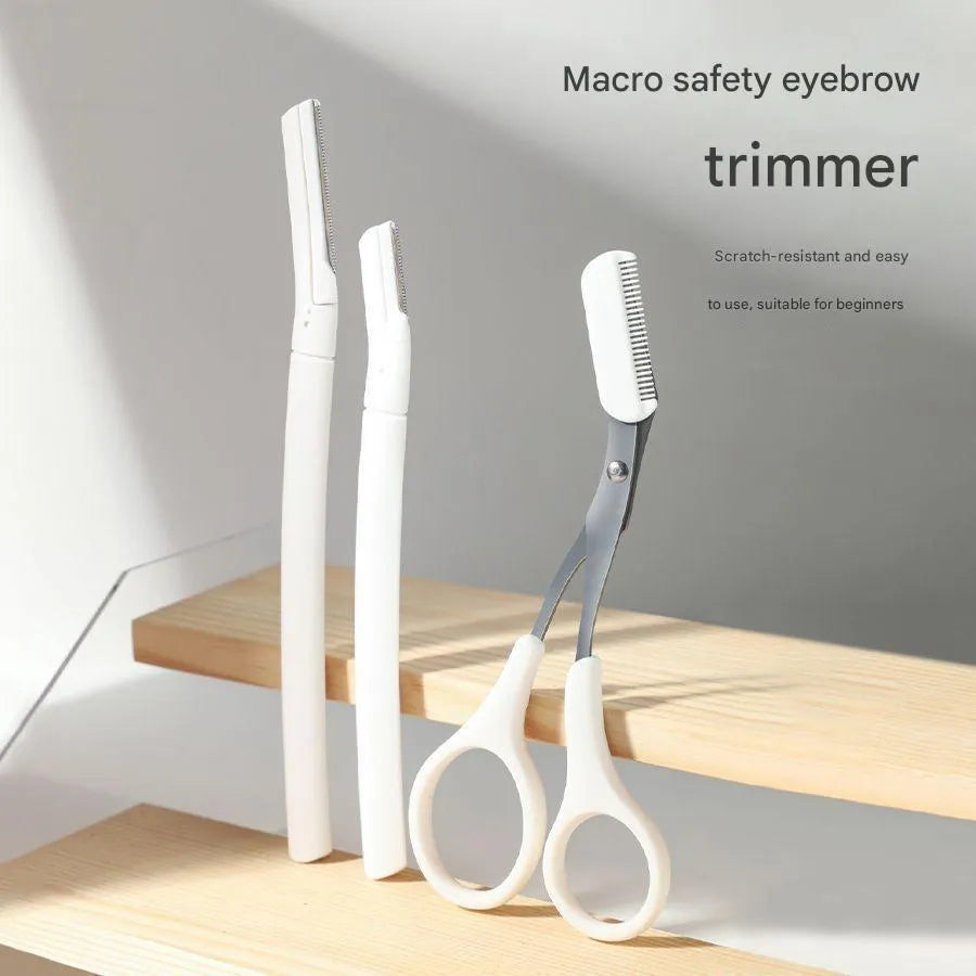 Eyebrow trimmer set with macro safety guard and compact plastic handle