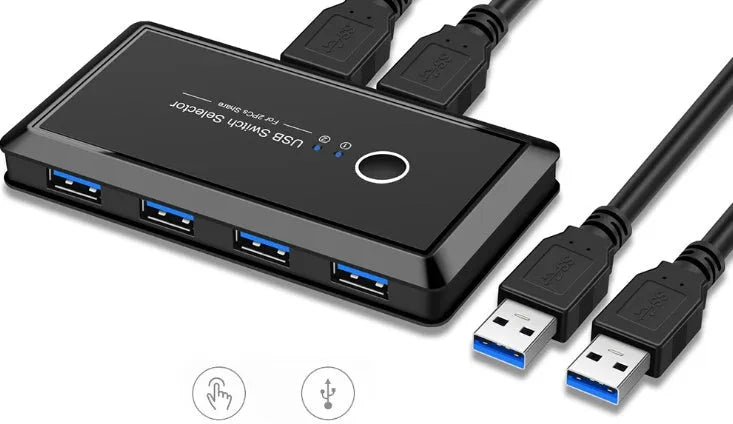 Black USB 3.0 two-in four-out splitter with blue indicator light and button switch