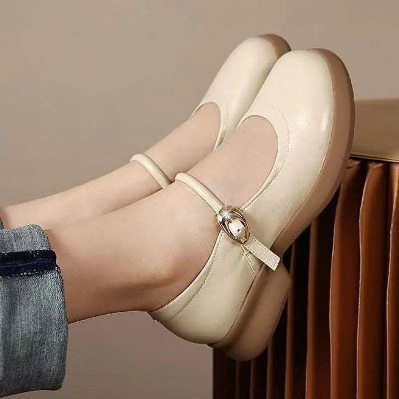 Flat fairy style leather wedge shoes with skull pattern, round toe and 4-6cm heel in three colour options