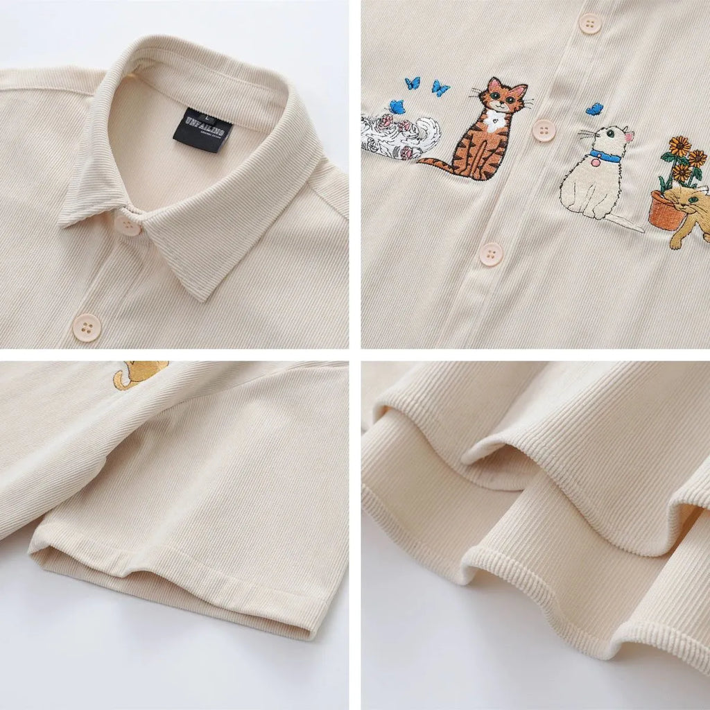 Loose fit cardigan shirt with embroidered cartoon pattern in polyester fabric