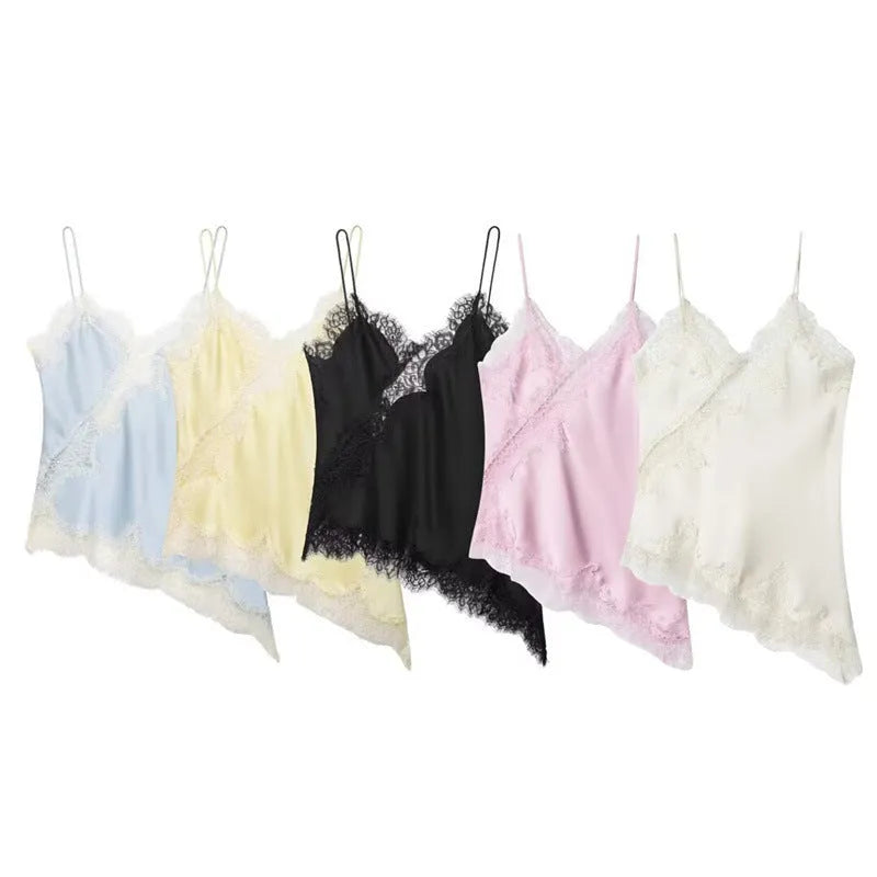 Women's lace trim camisole, slim fit, 50cm length, solid colour, non-detachable straps