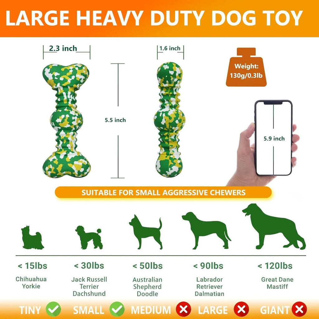 Green and white camouflage patterned natural rubber dog chew toy for large breeds on a wooden floor.