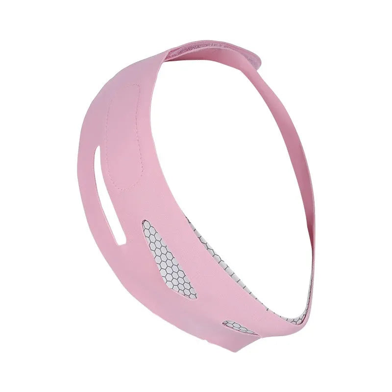 Pink and black elastic V-shaped face bandage for facial contouring and skin care.