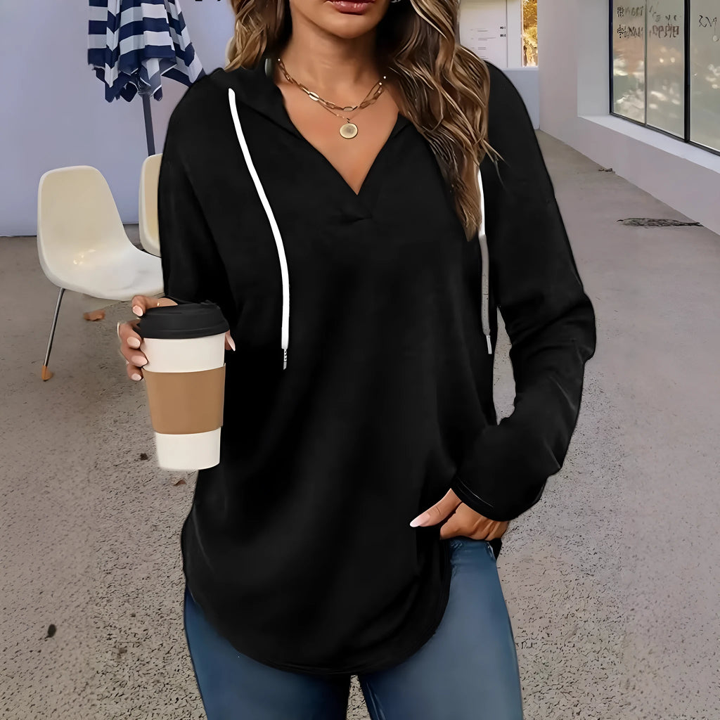 Women's black V-neck hooded sweatshirt with loose fit and regular long sleeves for autumn wear