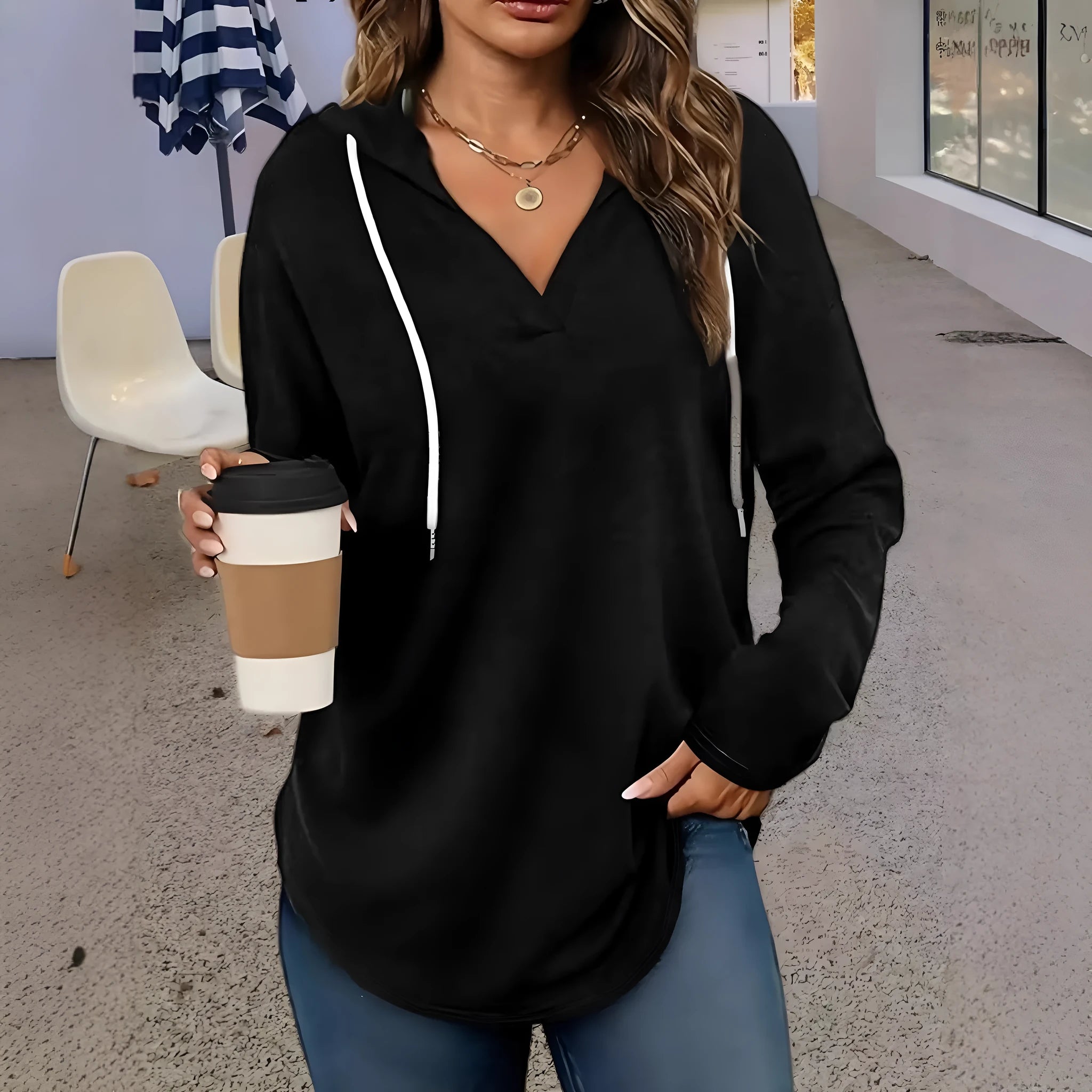 Women's black V-neck hooded sweatshirt with loose fit and regular long sleeves for autumn wear