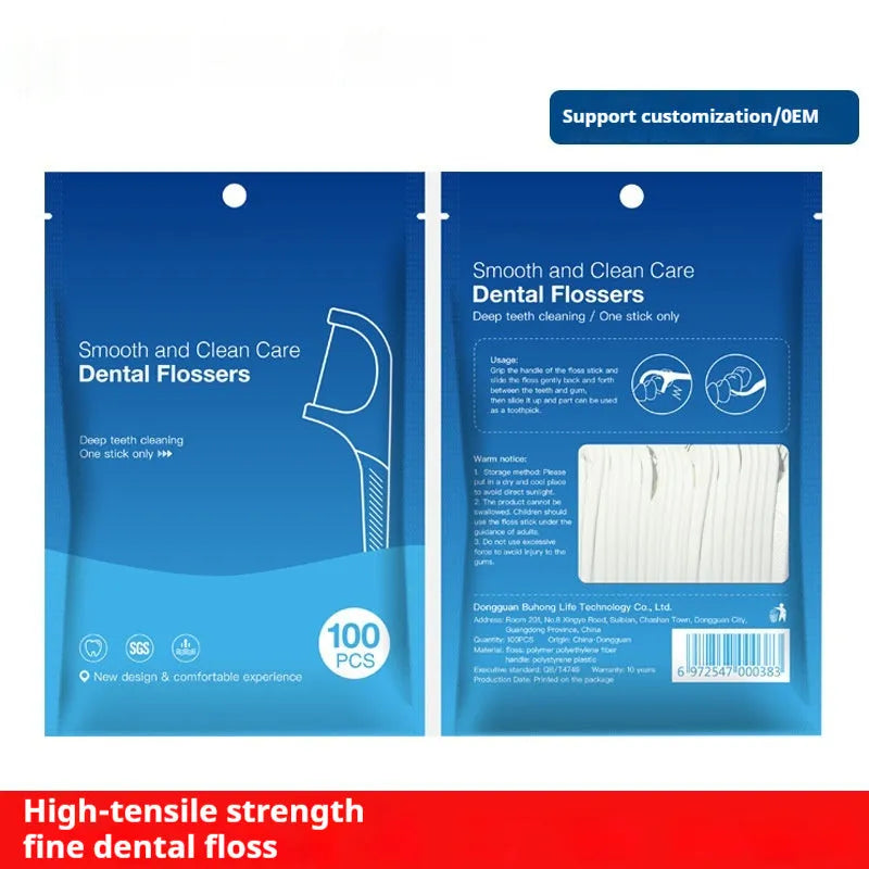 Plastic bag containing 100 independently packaged disposable dental floss strands