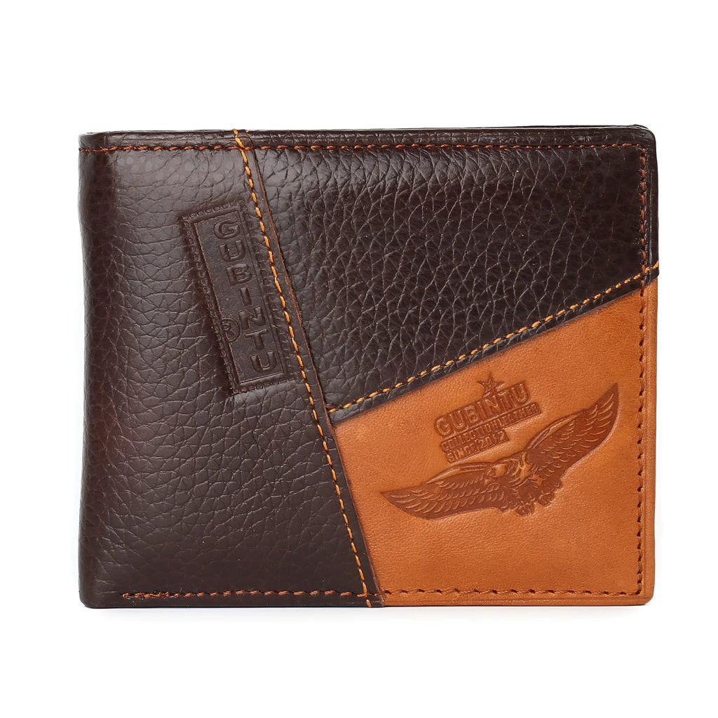 Brown leather tri-fold wallet with card slots, bill holder and zip compartment