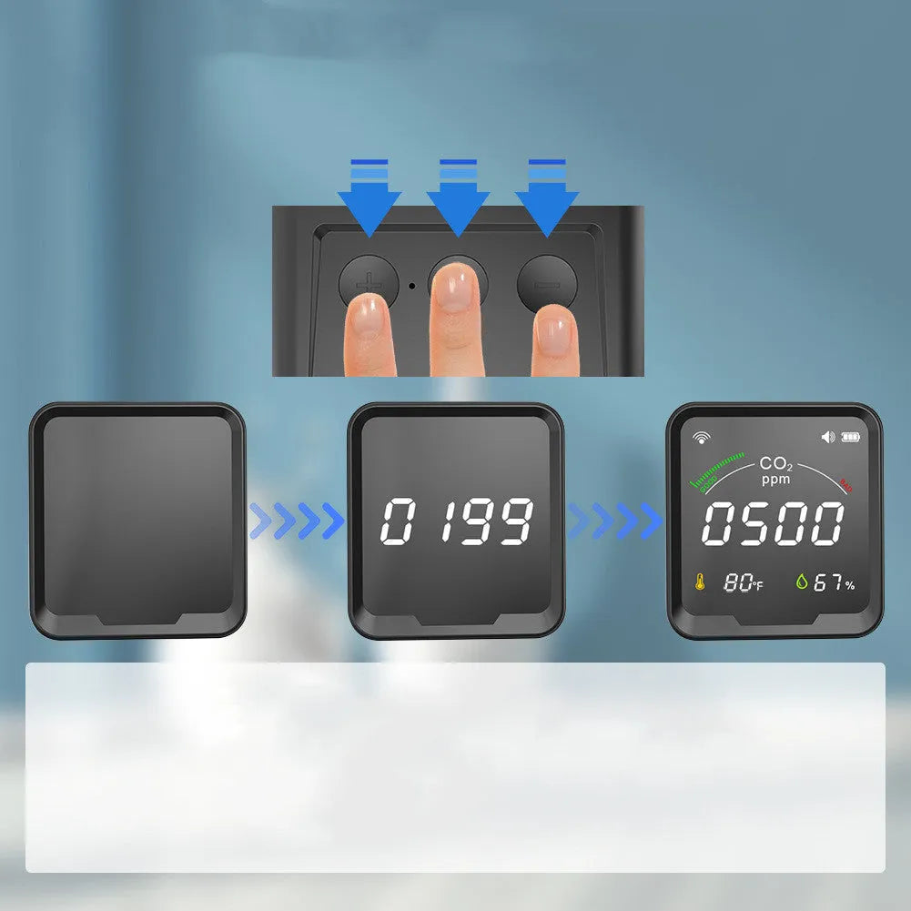 Front view of black LED colour screen WiFi temperature humidity and CO2 sensor with display