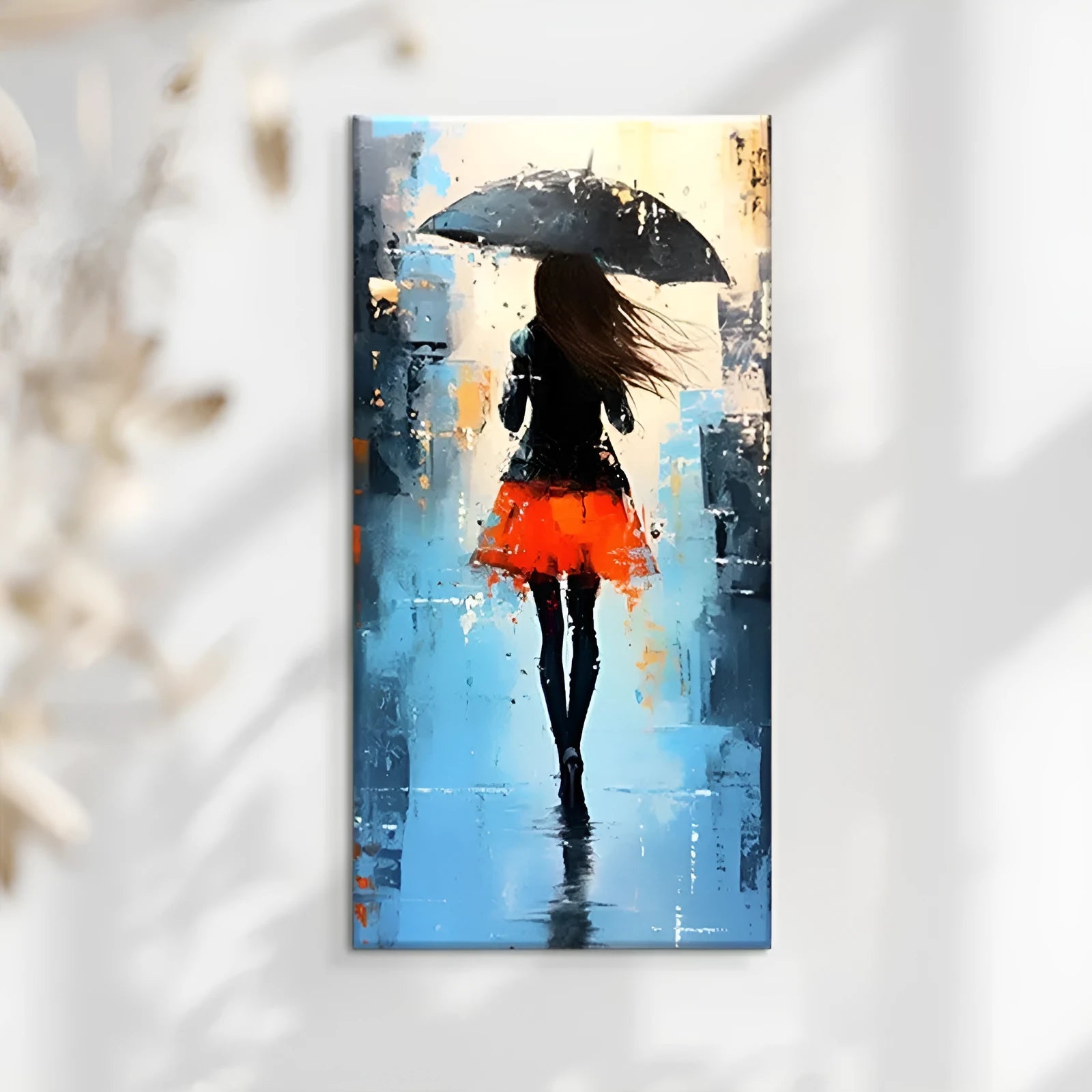 Hand painted modern abstract oil painting of people walking in rain on canvas for living room decoration