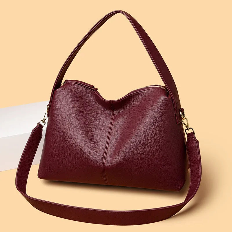 Women's soft PU crossbody bag, 37x14x23cm, with stitched exterior in black, burgundy, light grey, khaki or brown