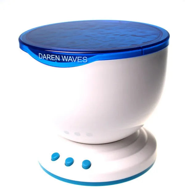 Blue ceiling-mounted ocean projection lamp showing a 2D vertical movie effect on a wall.