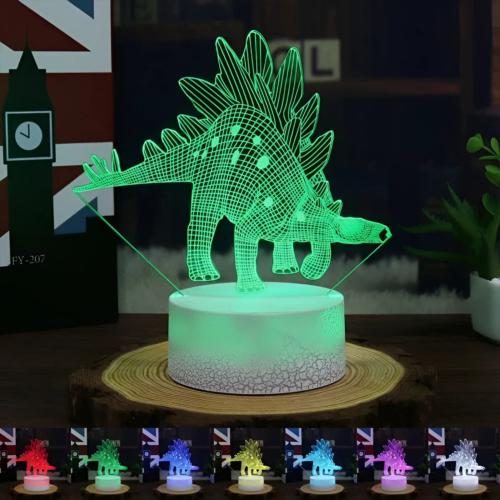 Colourful dinosaur 3D LED night light with touch controls on a compact ABS base.