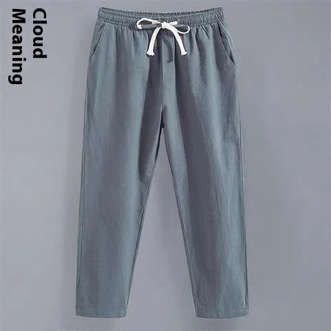 Men's cotton blend linen Tang suit cropped pants in high-waist straight-leg style