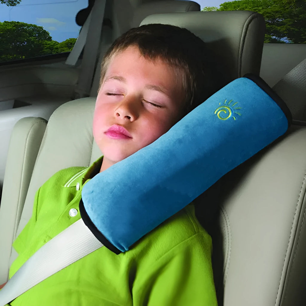 Children car pillow in microsuede fabric attached to a seatbelt, grey colour, 28.5cm by 9cm by 12cm