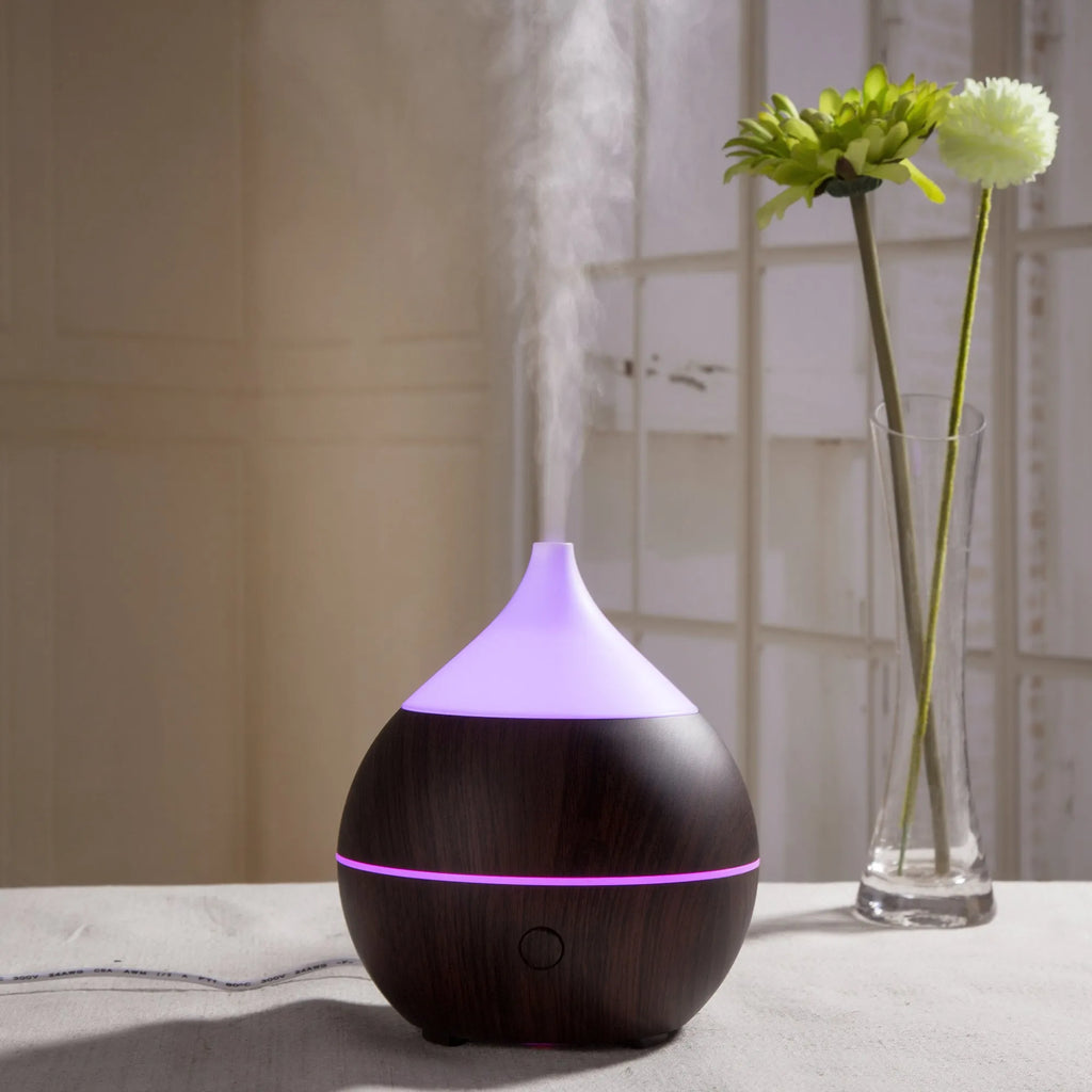 200ml PP ultrasonic aromatherapy humidifier with hollow seven colour lamp, 12.9cm diameter, 15cm height, wood grain finish