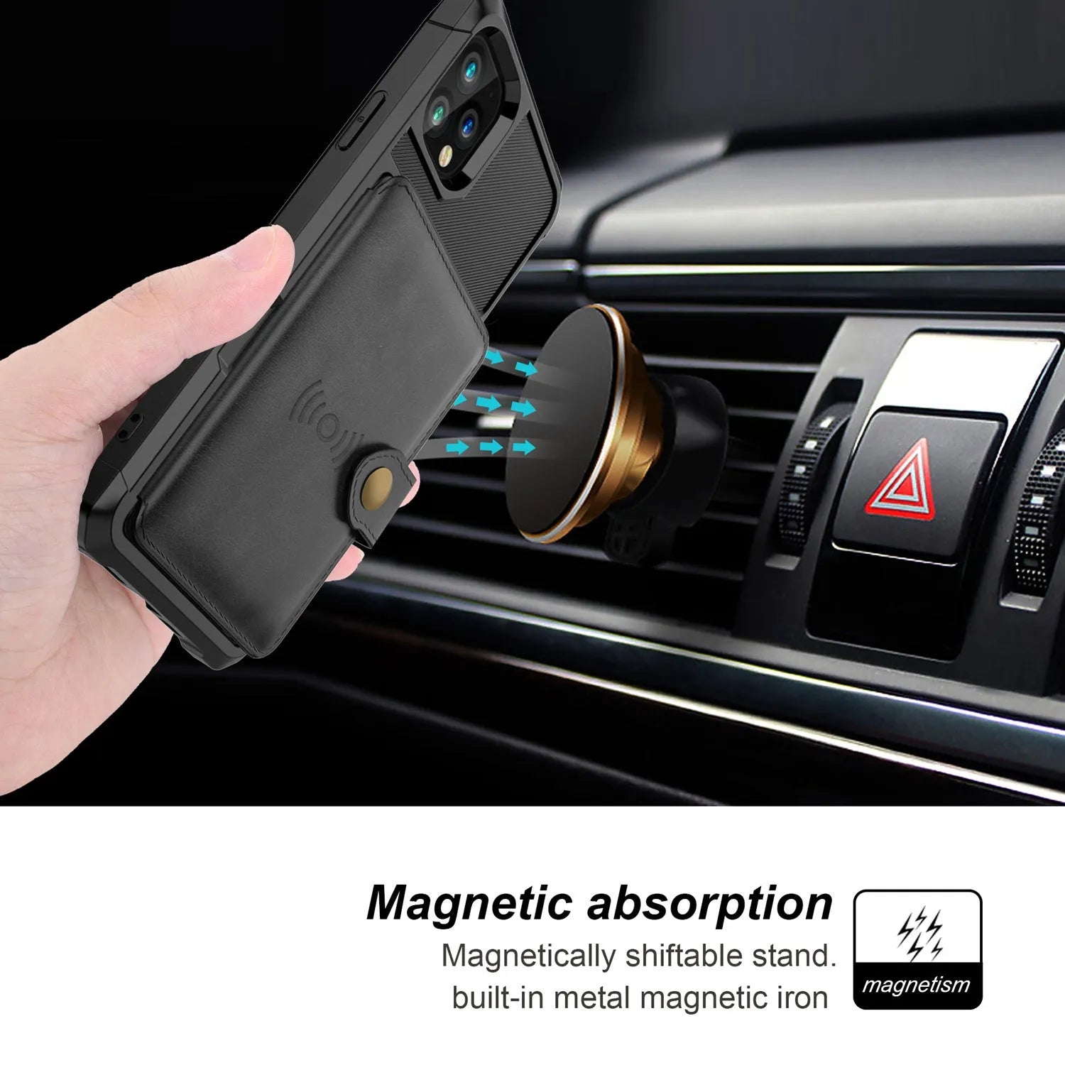 Imitation leather phone case with built-in card wallet and cash slot for iPhone, shown in multiple colours.
