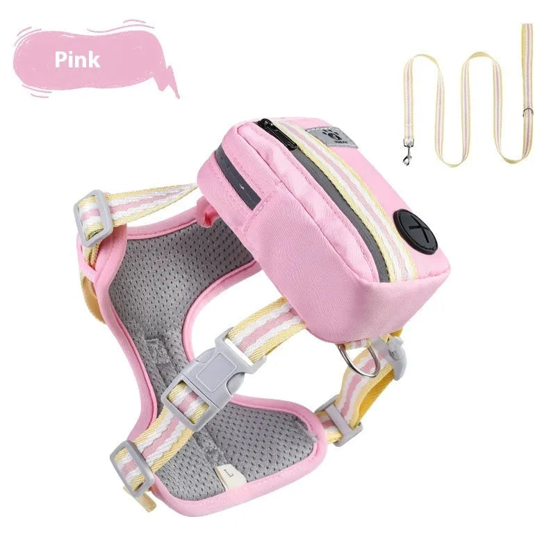 Pink explosion-proof dog harness with Y-front design and safety buckle on a dog, includes a 1.5m lead.