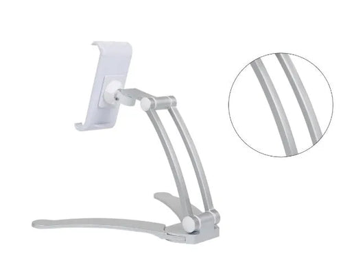 Silver aluminium desktop tablet stand holding a tablet, showing 360-degree rotation and dual adjustable clip design.