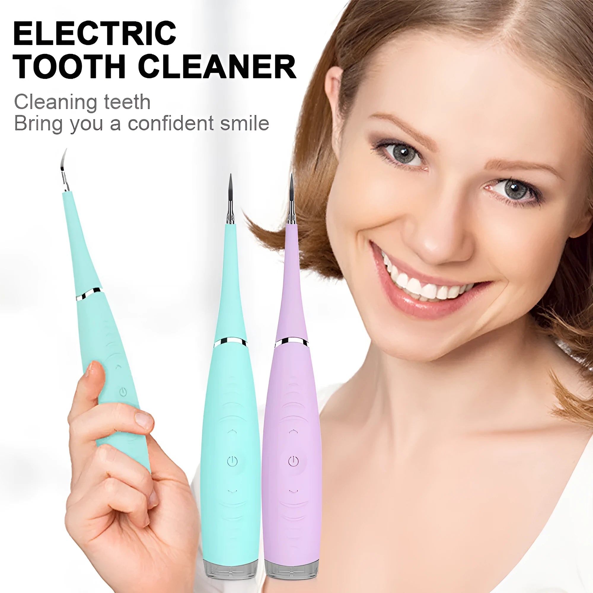 Pink and blue waterproof electric dental scaler tool on a bathroom counter with charging cable.