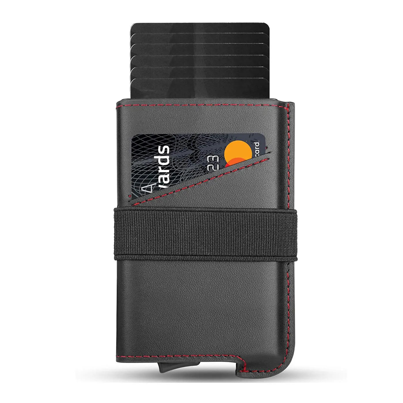 Leather men's compact wallet with aluminium alloy card holder in black and red