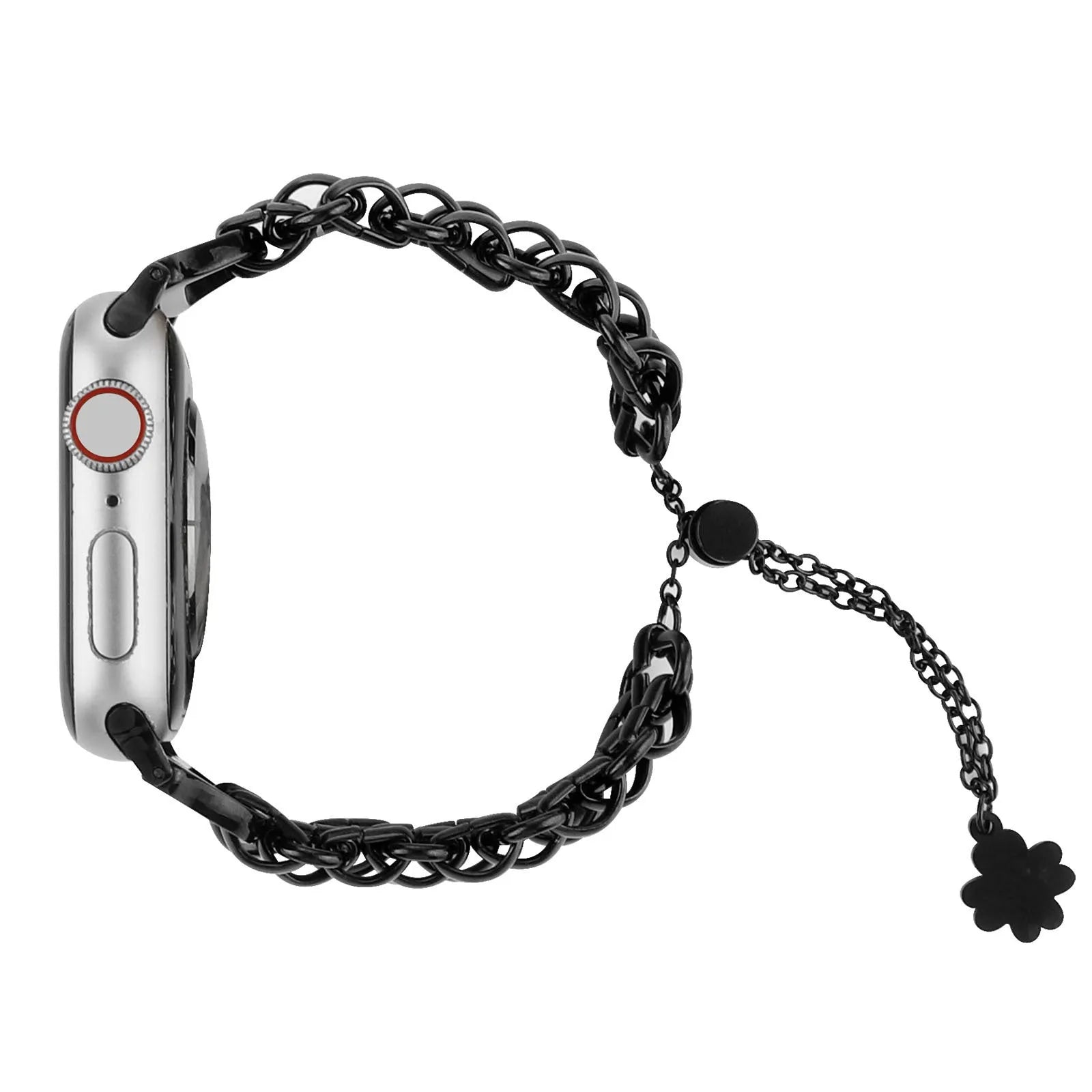 Stainless steel double row chain watch band for Apple Watch in silver on sport-style background