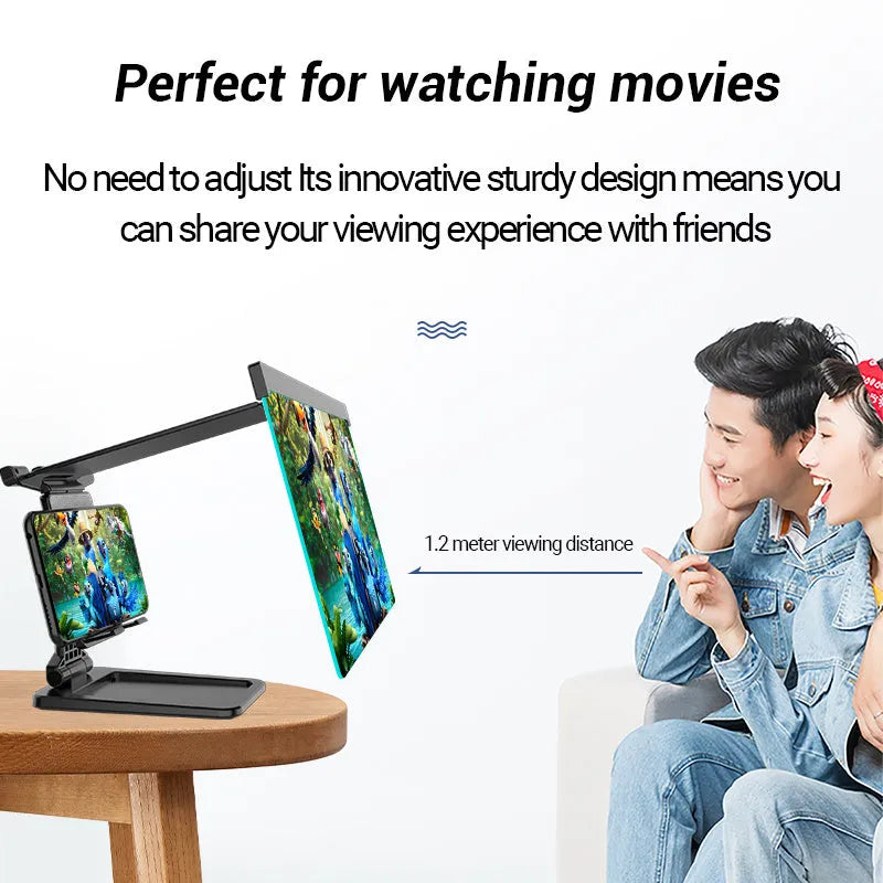 Black folding mobile phone screen amplifier and holder with 12-inch magnifier for iPhones
