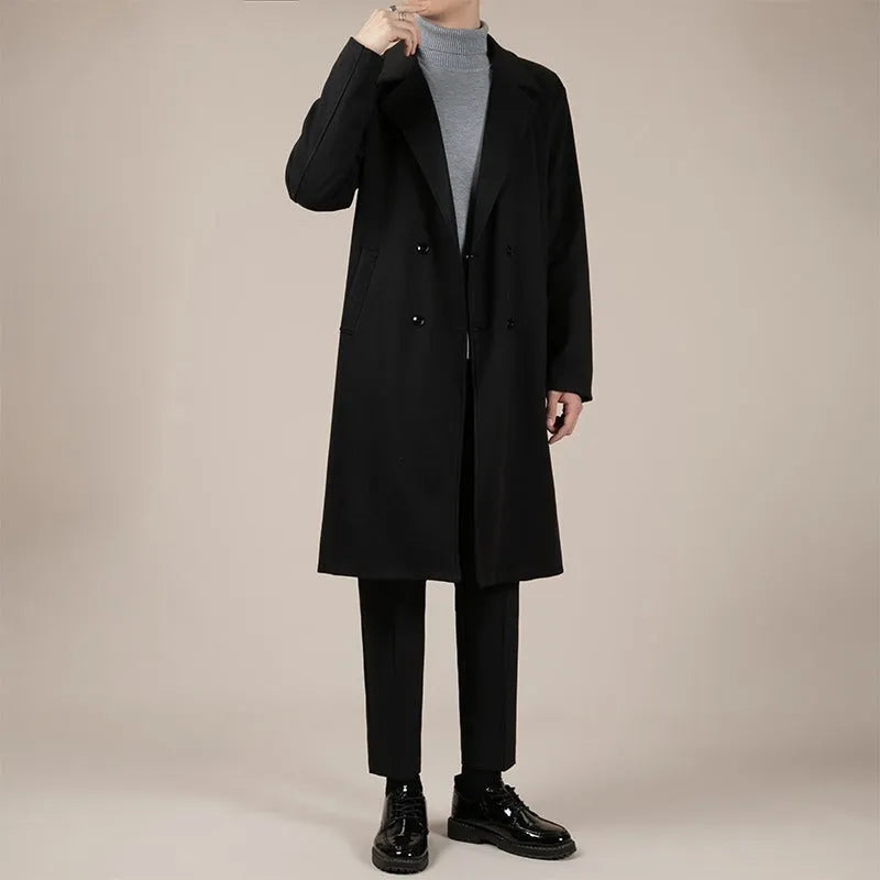 Men's mid-length corduroy linen trench coat in black or brown, loose fit, sizes M to 3XL, autumn winter daily wear