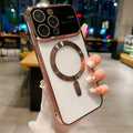 Electroplated TPU phone case with large window and magnetic suction, dark purple colour, for iPhone 14 Pro Max