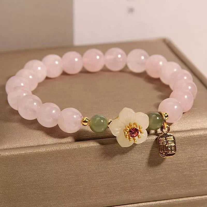Polished crystal Hetian jade beaded bracelet with peach blossom and camellia pastoral design in blessing card colour