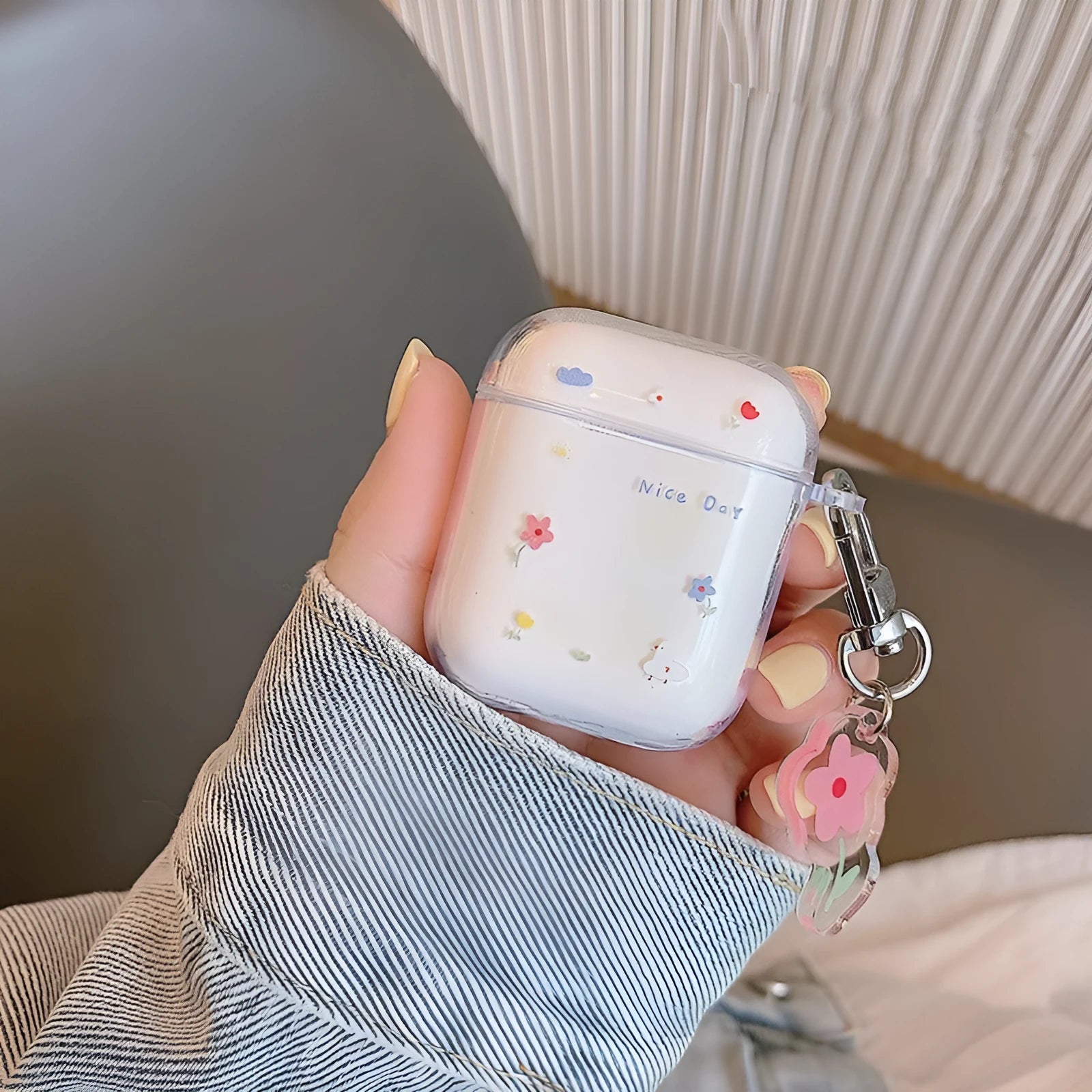 Transparent TPU soft shell case for AirPods Pro with matching pendant on white background