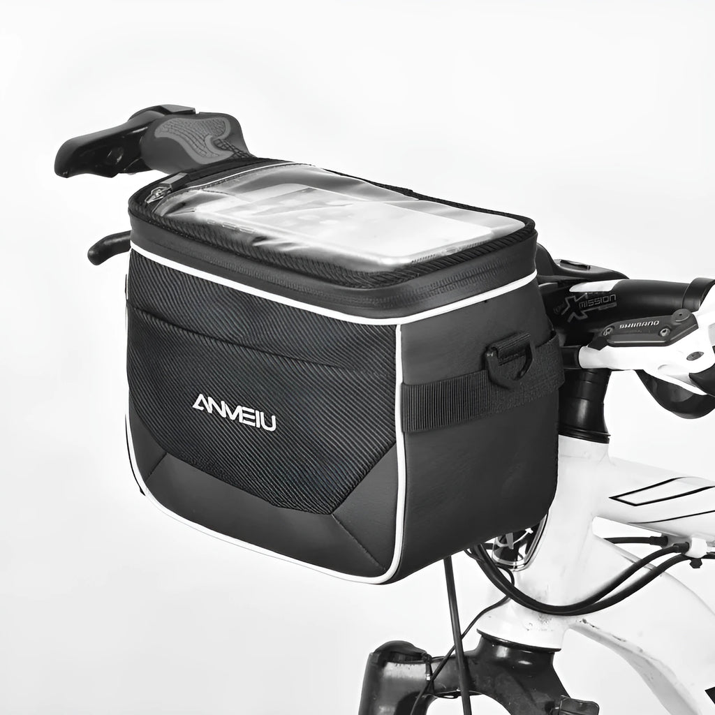 Black polyester bicycle handlebar bag with zippered closure mounted on bicycle