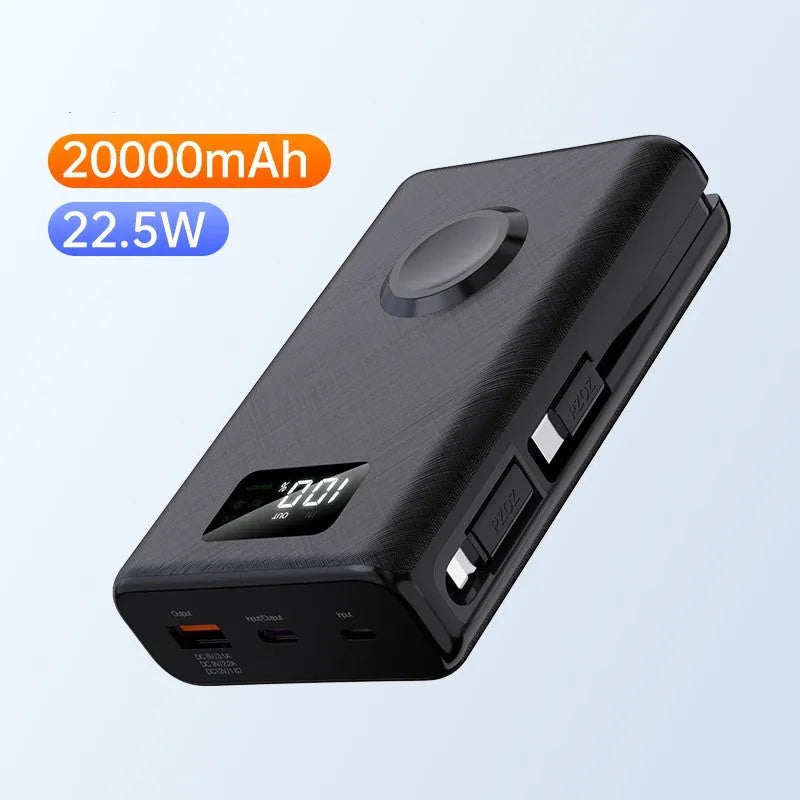Black wireless power bank with charging bracket showing display screen and multiple USB ports